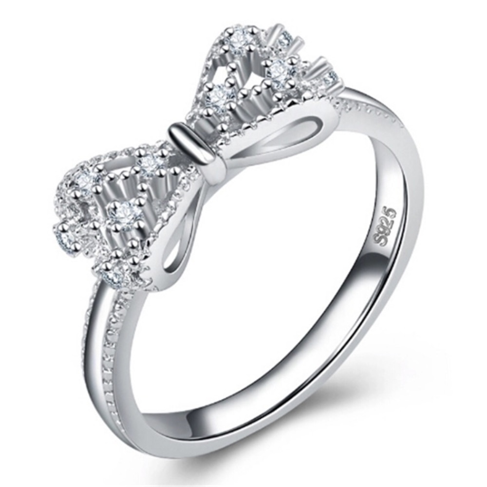 925 Sterling Silver Bow Ring with Clear Stones - Elegant Silver Tone